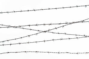 imprisonment, restriction concept - barb wire fence over gray sky