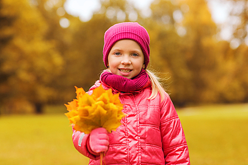 autumn, childhood, happiness and people concept - happy beautiful little girl with maple leaves bunch outdoors
