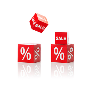 shopping, retail and merchandising concept - set of boxes with sale and percent sign