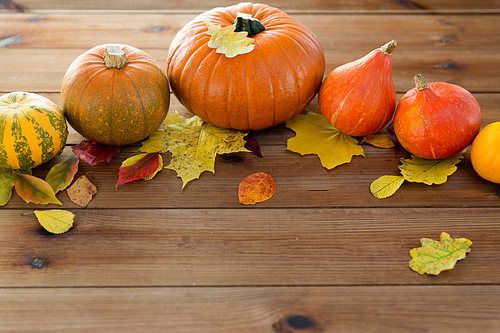 harvest, season, advertisement and autumn concept - close up of pumpkins and leaves on wooden table at home