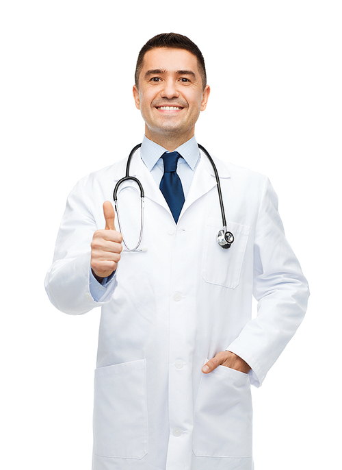 healthcare, profession, people and medicine concept - smiling male doctor in white coat showing thumbs up