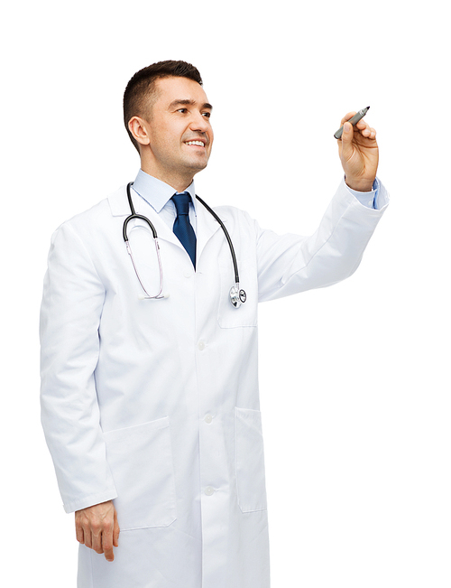 healthcare, profession, people and medicine concept - smiling male doctor in white coat writing or drawing something imaginary with marker