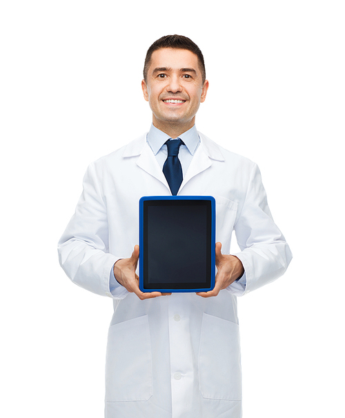 medicine, profession, advertisement and healthcare concept - smiling male doctor showing tablet pc computer blank screen