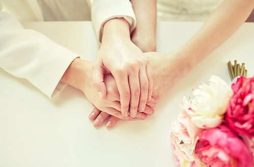 people, homosexuality, same-sex marriage and love concept - close up of happy married lesbian couple hands