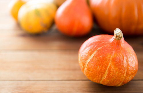 food, harvest, season and autumn concept - close up of pumpkins on wooden table at home