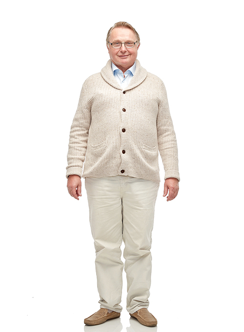 age, fashion and people concept - smiling senior man in cardigan