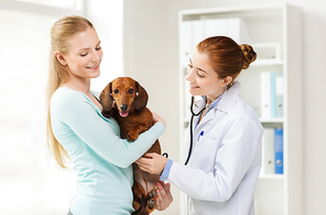 medicine, pet, animal, health care and people concept - happy woman holding dachshund and veterinarian doctor with stethoscope at vet clinic