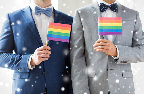 people, homosexuality, same-sex marriage and love concept - close up of happy male gay couple in suits and bow-ties with wedding rings holding rainbow flags over snow effect