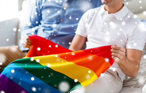 people, homosexuality, same-sex marriage, gay and love concept - close up of happy male gay couple hugging and holding rainbow flag at home over snow effect