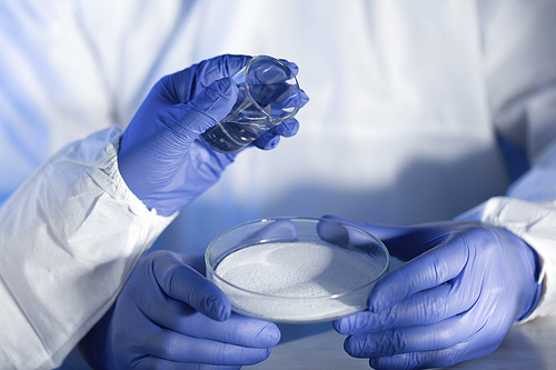 science, chemistry and people concept - close up of scientists hands with glass and chemical powder in petri dish making test or research at laboratory