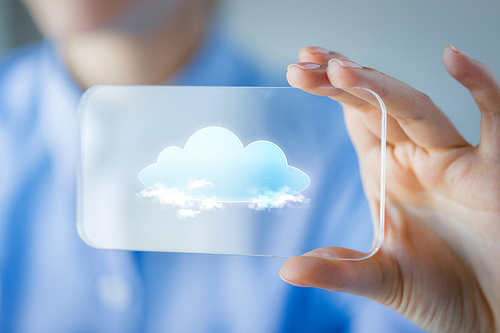 business, technology, computing and people concept - close up of woman hand holding and showing transparent smartphone with cloud icon on screen