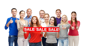 gesture, shopping, advertisement and people concept - group of smiling men and women showing thumbs up and holding red sale sign or banner