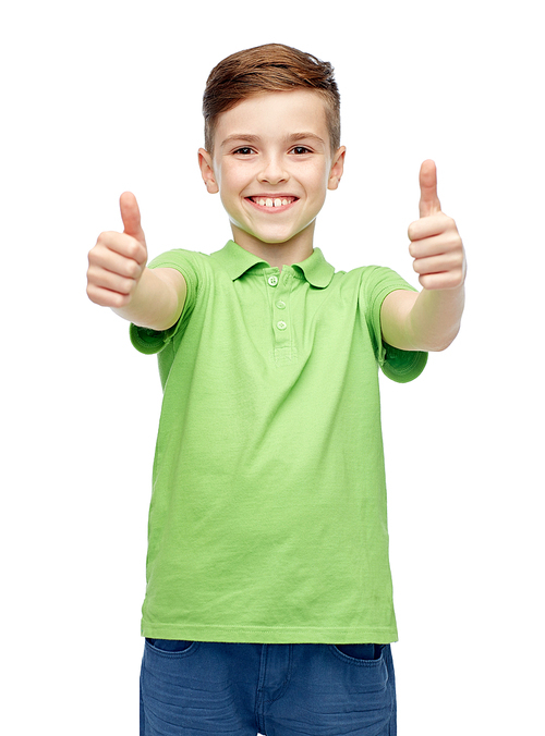 gesture, childhood, fashion and people concept - happy smiling boy in green polo t-shirt showing thumbs up