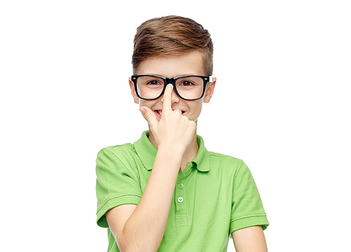 childhood, vision, school, education and people concept - happy smiling boy in green polo t-shirt in eyeglasses