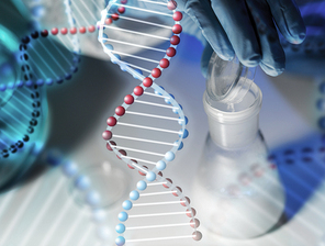 science, chemistry, biology, medicine and people concept - close up of scientist hand pouring chemical powder into flask making test or research in clinical laboratory over dna molecule structure
