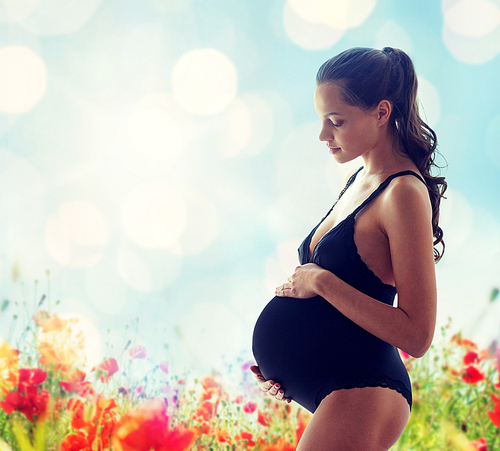 pregnancy, motherhood, people and expectation concept - happy pregnant woman in black underwear over blue background with flowers
