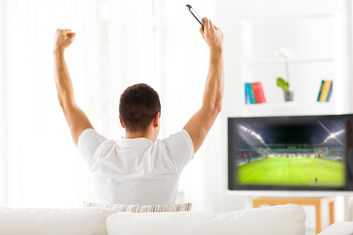 leisure, technology, media, sport and people concept - man watching football game on tv and supporting team at home from back