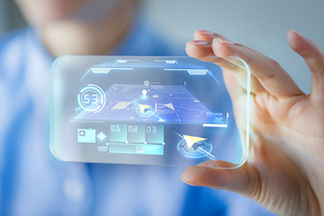 business, technology, navigation system and people concept - close up of woman hand holding and showing transparent smartphone with navigator on screen