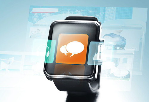 modern technology, communication, object and media concept - close up of black smart watch with text bubble icon on screen over blue background