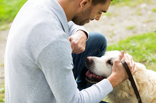 family, pet, animal and people concept - close up of happy man with labrador retriever dog on walk