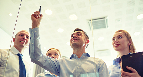 business, people, teamwork and planning concept - smiling business team with marker and stickers working in office