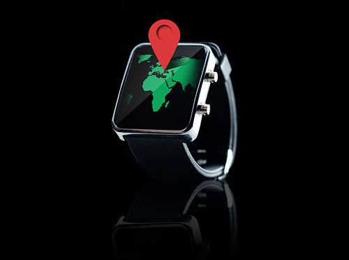modern technology, navigation, location and transmission object and media concept - close up of black smart watch with world map and gps marker on screen