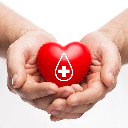 healthcare, medicine and blood donation concept - male hands holding red heart with donor sign