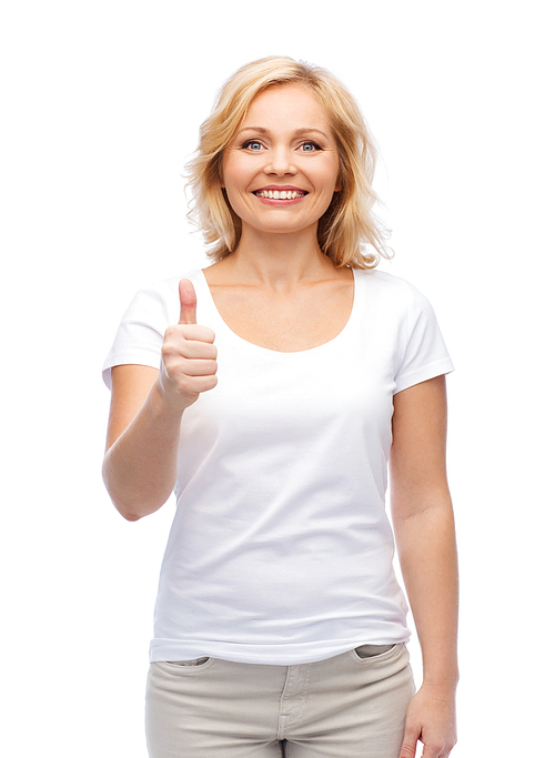 gesture, advertisement and people concept - smiling woman in blank white t-shirt showing thumbs up