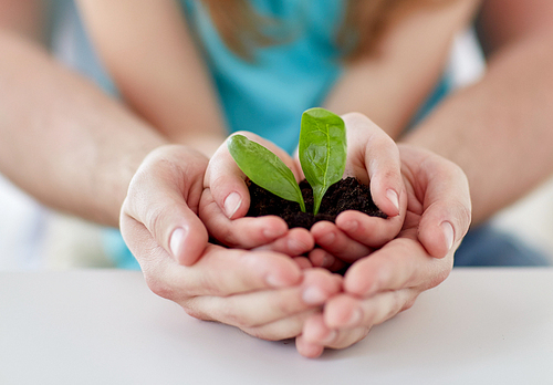 people, charity, family and ecology concept - close up of father and girl holding soil with green sprout in cupped hands at home