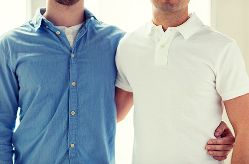 people, homosexuality, same-sex marriage, gay and love concept - close up of happy male gay couple hugging