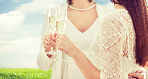 people, homosexuality, same-sex marriage, celebration and love concept - close up of happy married lesbian couple holding and clinking champagne glasses over blue sky and grass background