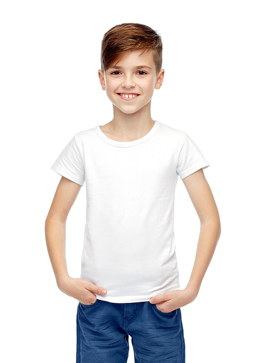 childhood, fashion, advertisement and people concept - happy boy in white t-shirt and jeans