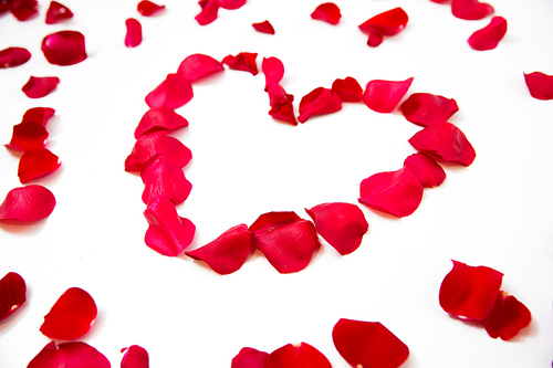 love, romance, valentines day and holidays concept - close up of red rose petals in heart shape