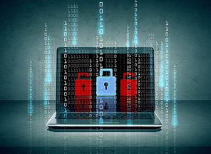 technology, security, safety and electronics concept - laptop computer with lock icons and binary code numbers on screen
