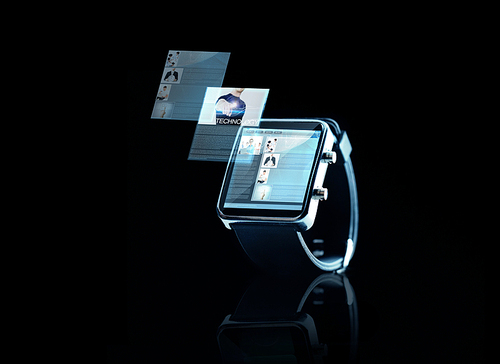 business, modern technology, object, internet and media concept - close up of black smart watch with web page on screen over black background