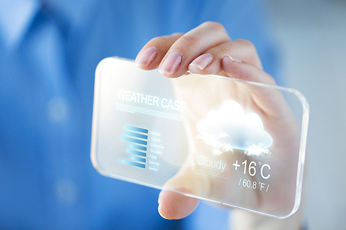 technology, forecast and people concept - close up of woman hand holding and showing weather cast on transparent smartphone