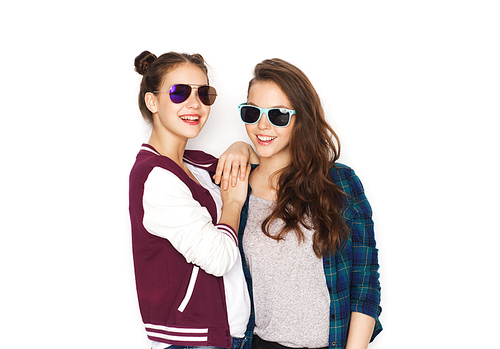 people, friendship, fashion, summer and teens concept - happy smiling pretty teenage girls in sunglasses