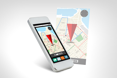 technology, navigation, location, application and electronics concept - white smarthphone with gps navigator map on screen