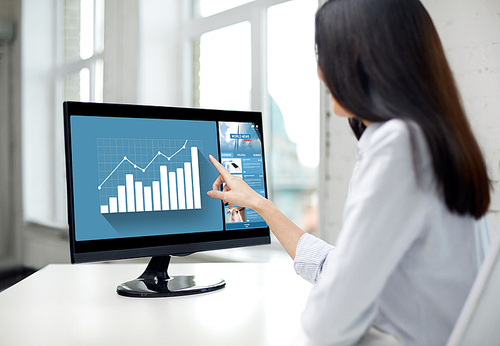 business, people, technology and statistics concept - close up of woman pointing finger to chart on computer monitor in office