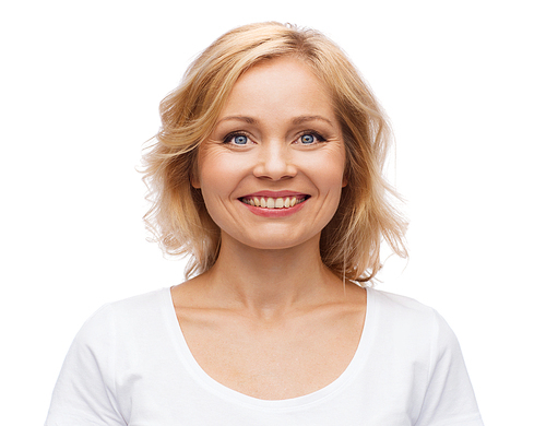 happiness and people concept - smiling woman in blank white t-shirt