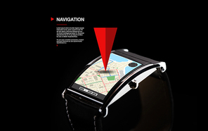 modern technology, navigation, location, object and media concept - close up of black smart watch with gps navigator