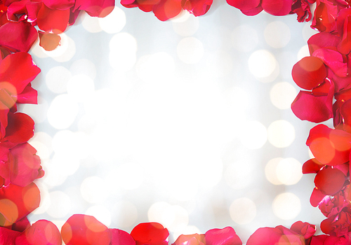 love, romance, valentines day and holidays concept - close up of red rose petals blank frame over lights background