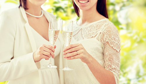 people, homosexuality, same-sex marriage, celebration and love concept - close up of happy married lesbian couple holding and clinking champagne glasses over green background