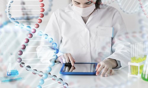 science, chemistry, biology, medicine and people concept - close up of young female scientist with tablet pc computer making test or research in clinical laboratory over dna molecule structure