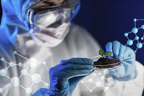 science, biology, ecology, research and people concept - close up of young female scientist holding petri dish with plant and soil sample in bio laboratory