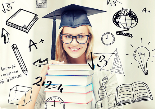 education and university concept - happy student in graduation cap with stack of books and doodles