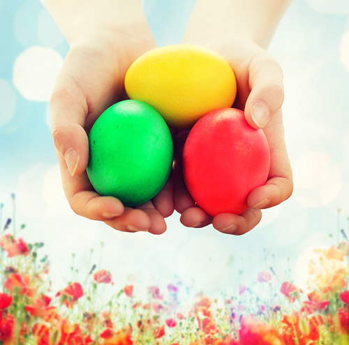 easter, holiday and child concept - close up of kid hands holding colored eggs over blue sky and poppy field background