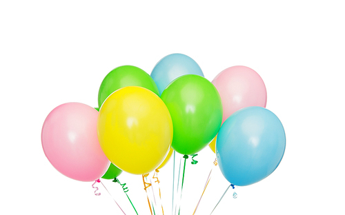 holidays, birthday, party and decoration concept - bunch of inflated colorful helium balloons