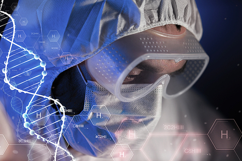 science, chemistry, biology, medicine and people concept - close up of scientist face in goggles and protective mask at chemical laboratory over hydrogen chemical formula and dna molecule structure