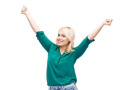 female, gender, portrait, plus size and people concept - smiling young woman in shirt and jeans